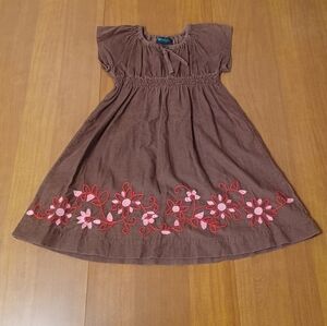Mini Boden Brown Corduroy Dress Girls 5-6y Emroidered Red Pink Floral